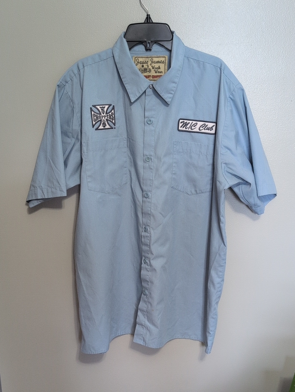 West Coast Choppers Men's Light Blue Short-Sleeve Button-Down Work Shirt Large
